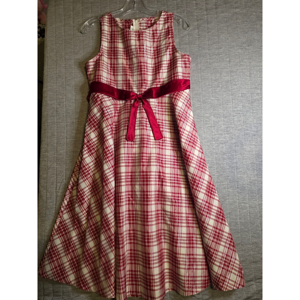 1445 Bonnie Jean Girls Red Wht Plaid Metallic Holiday Party Dress 14.5 X87034-B